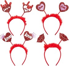 4Pcs Valentine's Day Headbands Glitter Red Heart Lip Bopper Headband Love Hair H