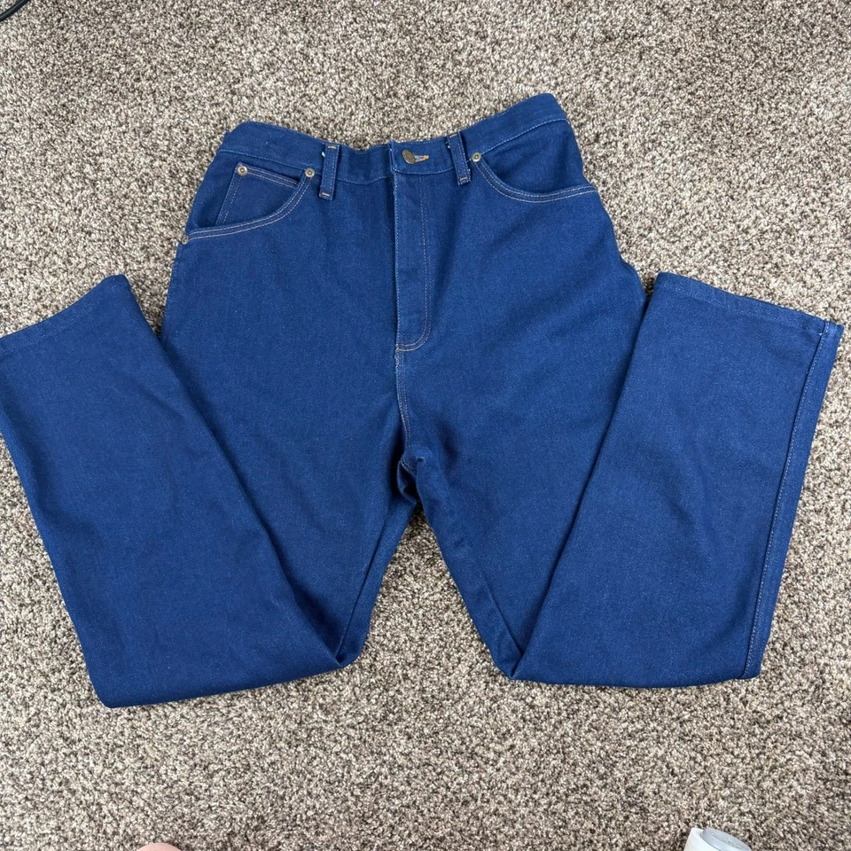 Vintage Wrangler High Waisted Jeans Indigo Blue Straight Leg Made in USA 14x29 - Image 2 of 4