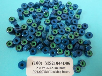MS21044D06 Aluminum 6-32 Thread Aircraft Nuts w/Nylon Self-Locking Inserts (100)