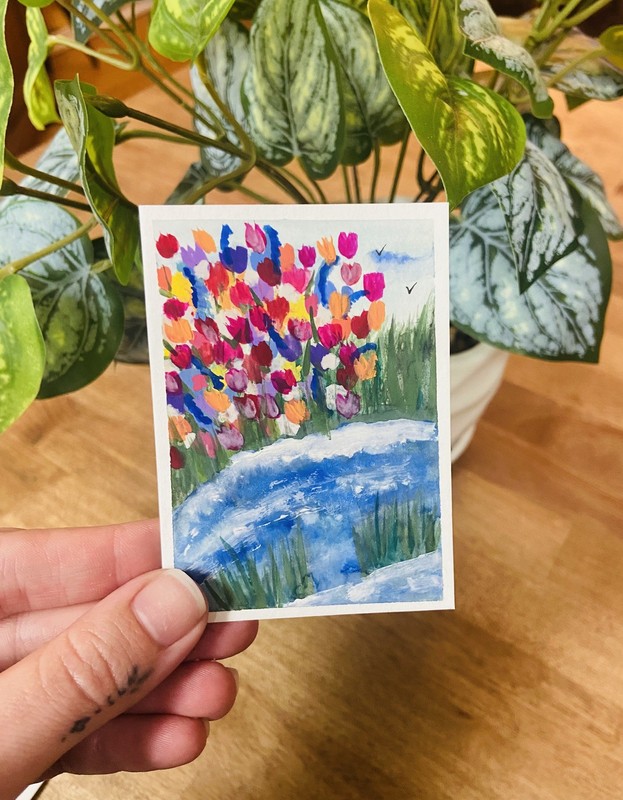 ACEO Original Art Miniature Card  River landscape floral Gouache  -Andrea baker