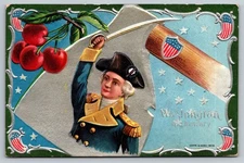 Vintage 1909 Patriotic George Washington Embossed Postcard with Cherries