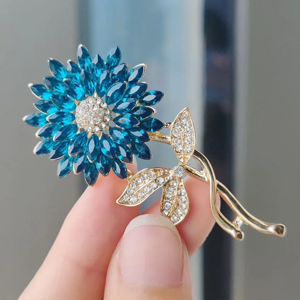 Sunflower Brooch Rhinestone Crystal Gold & Blue Flower Pin Jewelry Summer Gift - Image 3 of 4