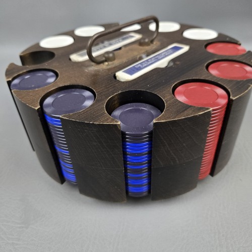 Vintage Dark Wood Poker Chip Caddy Carousel with Cover Chips - Picture 11 of 13