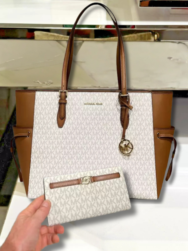 Michael Kors Gilly Women Signature Vanilla Tote Bag & Snap ID Card