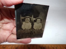 Antique Tin Type Possible Twins Straw Hats Skirts 2.5"x 3"