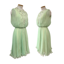 Vtg 1970s designer Jack Bryan Mint Green Accordion Pleat Beaded Party Dress.
