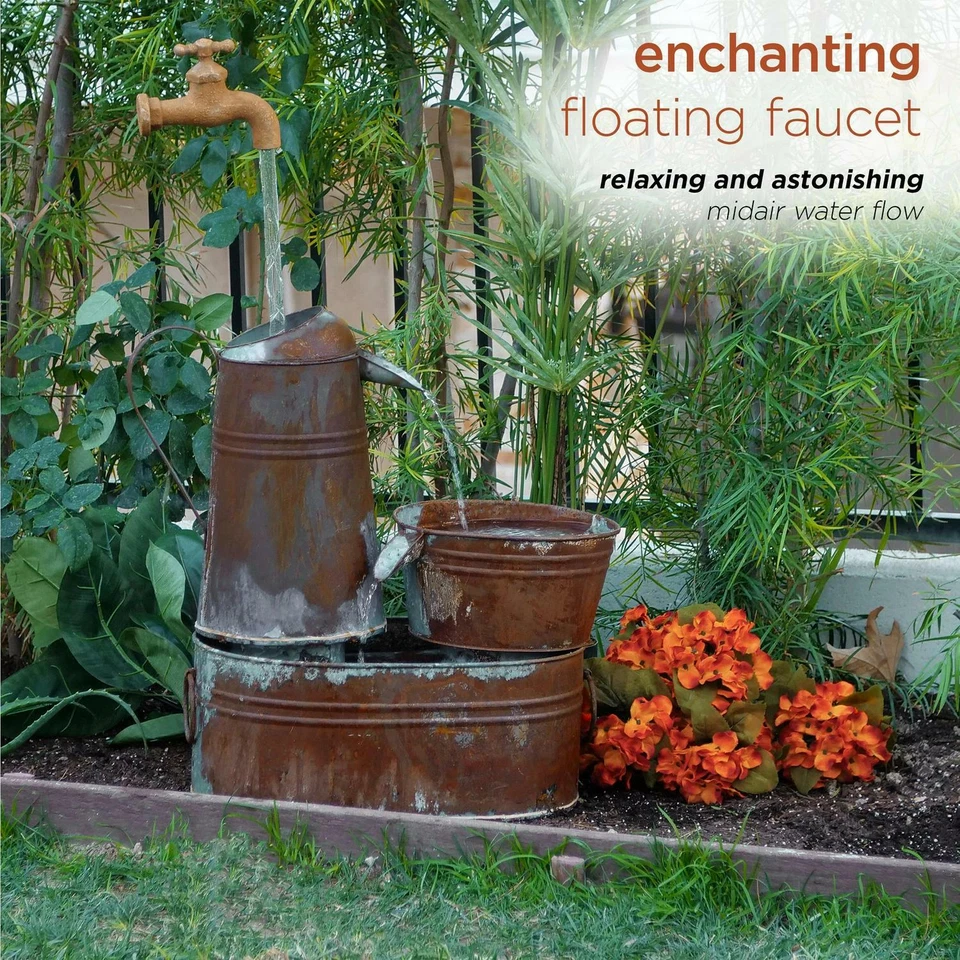 Fuente de agua de regadera rústica con caño flotante decoración de jardín exterior marrón Foto 4 de 4