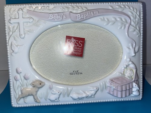 Russ Baby's Baptism Ceramic Picture Photo Frame 4x6 Deer Bunny Christening Cross - Picture 4 of 14