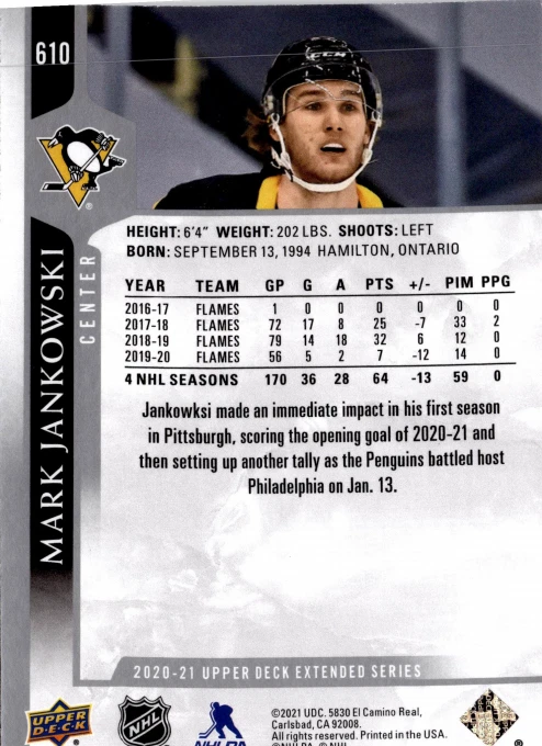 5 CARD LOT - 2020-21 Upper Deck Extended Series - Mark Jankowski #610 - Image 2 of 2