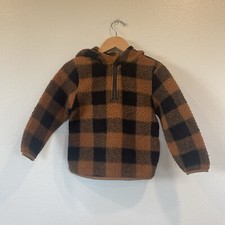 Old Navy Fleece Brown Plaid 1/4 Zip Hooded Pullover Boy Size 5 Pockets