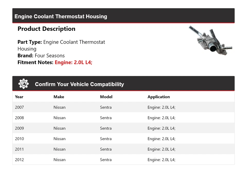 Carcasa termostato refrigerante motor L4 2,0 L para Nissan Sentra 2007-2012 4 estaciones Foto 2 de 4