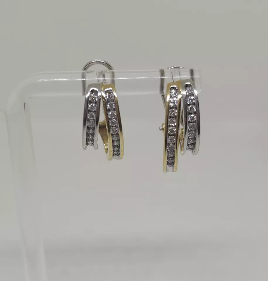 14k Gold Two-Tone Double Hoop Earrings .50 Carats Channel Set Diamond Omega Back - Image 2 of 4