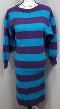 Nicole Miller Sweater Dress Womens Small Blue Purple Lambswool Striped Pullover