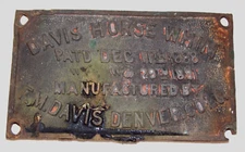 Very Rare Antique 1891 Davis Horse Whim Brass Plaque Mining Shaft Plate Tag Sign