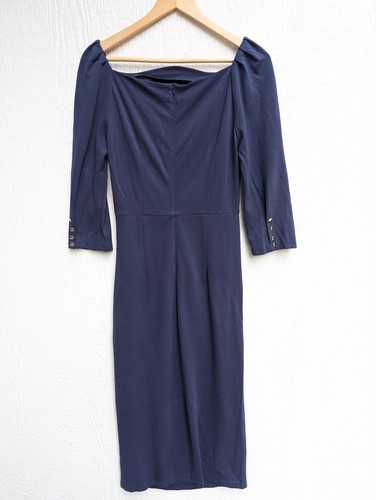 Belle Poque Navy Blue Stretchy Bodycon Retro Inspired Dress Women's Size 10 - Picture 4 of 5