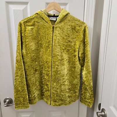 VTG Chico's Crushed Velvet Jacket Womens 0 US 4 Chartreuse Full Zip Hood 90s