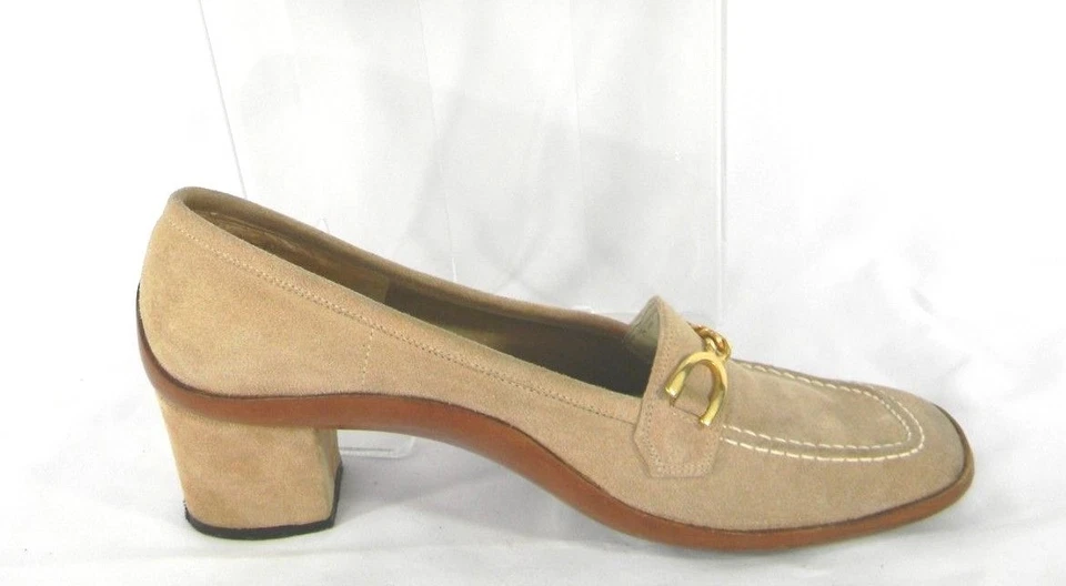 Zapatos de salón Pappagallo talla estrecha de 8 bloques gamuza cuero suela de madera zapatos vintage Foto 3 de 4