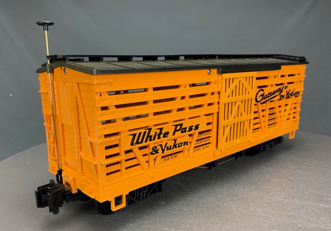 G Scale LGB 4168 White Pass & Yukon Stock Car Orange, Knuckles NIB