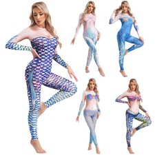 Women Mermaid Jumpsuit Long Sleeve 3D Print Bodysuit Cosplay Role Play Swimwear