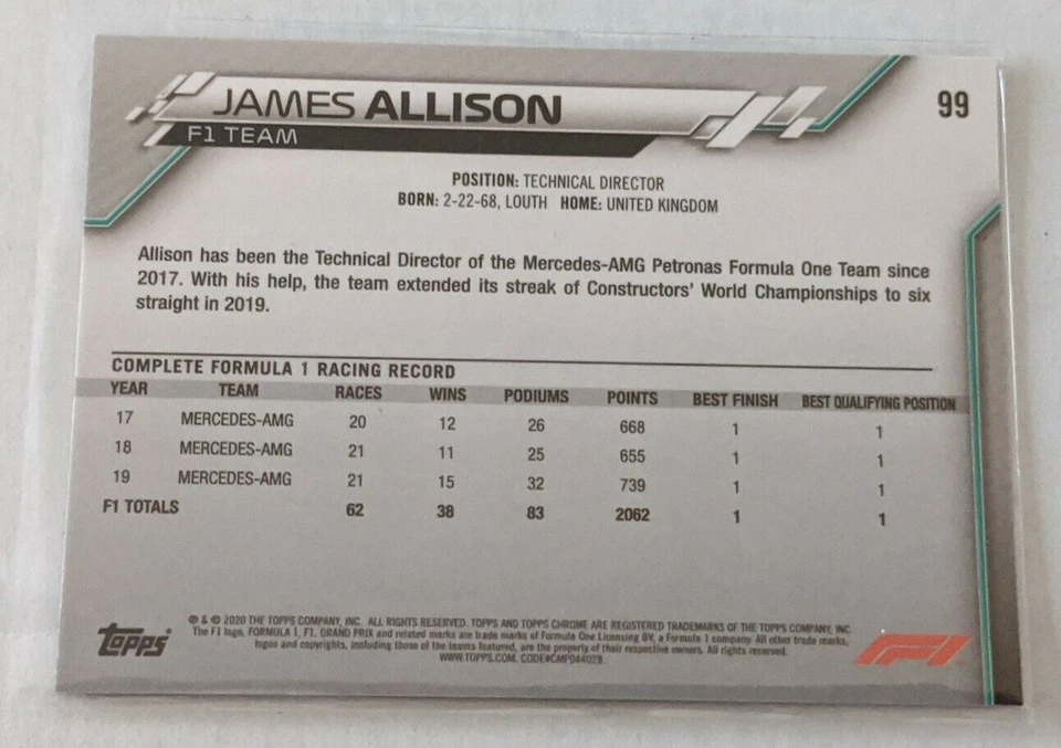 2020 Topps Chrome Formula 1 #99 James Allison Mercedes Director - Image 2 of 2