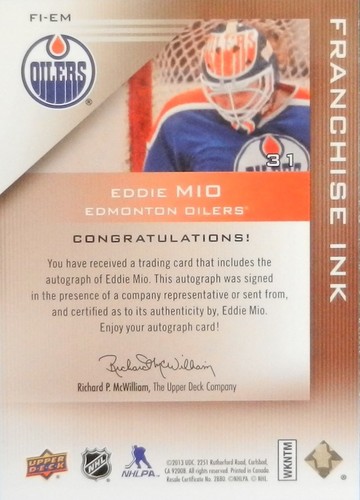 13-14 ud deck franchise ink eddie mio edmonton oilers autograph auto - Picture 2 of 2