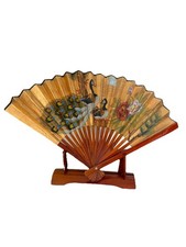 Vintage Hand Painted Oriental Folding Hand Fan W/Stand- Wall Hanging Art 12  X19  