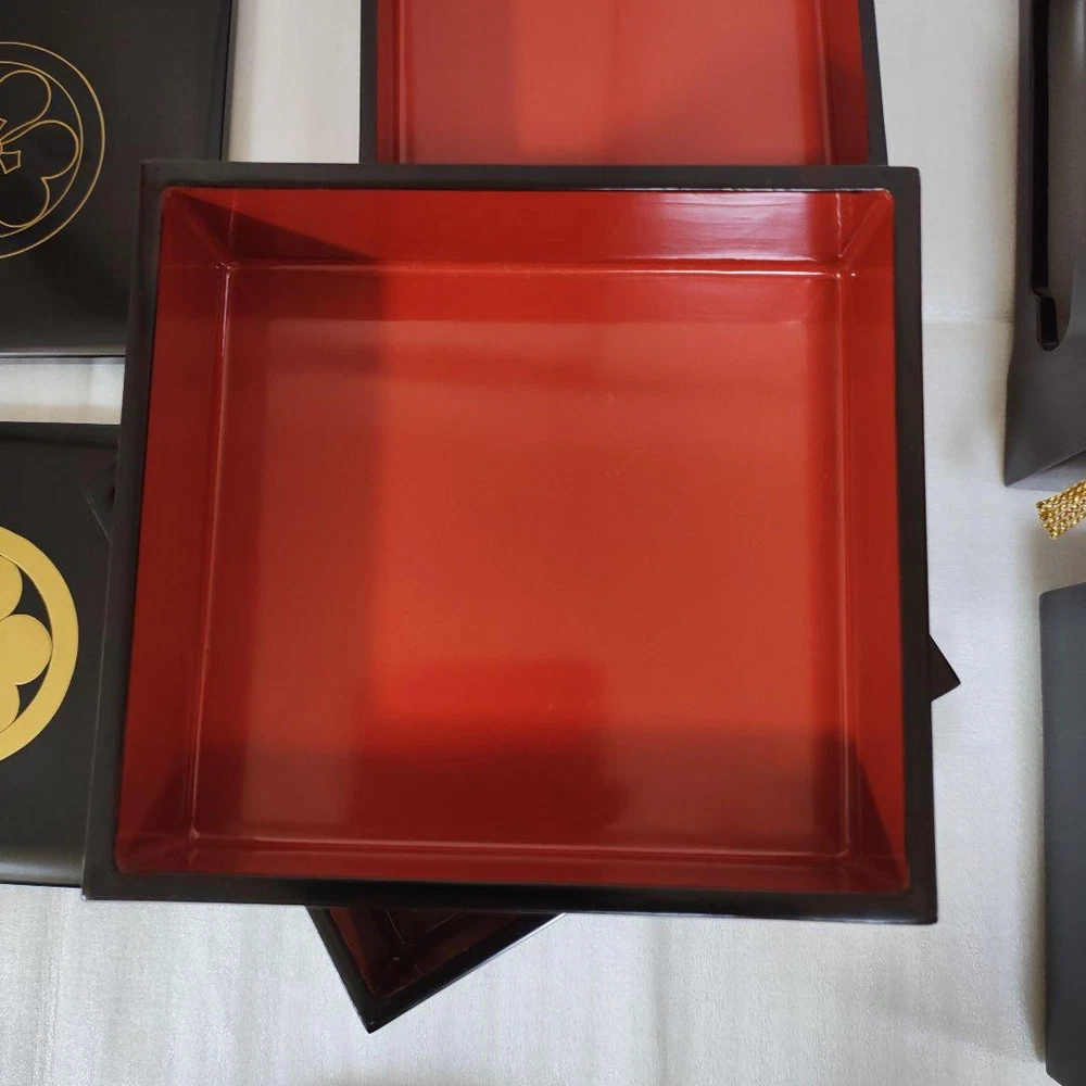 Jubako Bento Box Japanese Wajima lacquered black heavy box 5 tiers with gold fam