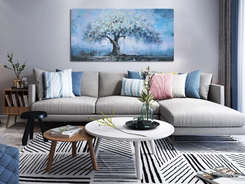 Arte de pared de árbol verde azulado para sala de estar, obra de arte azul naturaleza pintura abstracta en lienzo... Foto 3 de 4