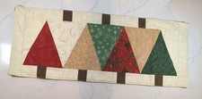 Handmade Christmas Tree Table Runner Quilted 12" x 31 " Green, Red, Cream