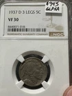 1937 d 3 legged buffalo nickel NGC VF30