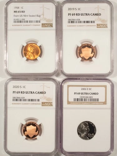 1958, 2019S, 2020S LINCOLN CENTS, 2006S JEFFERSON 5C LOT OF 4 NGC MS-65 RD/PF-69