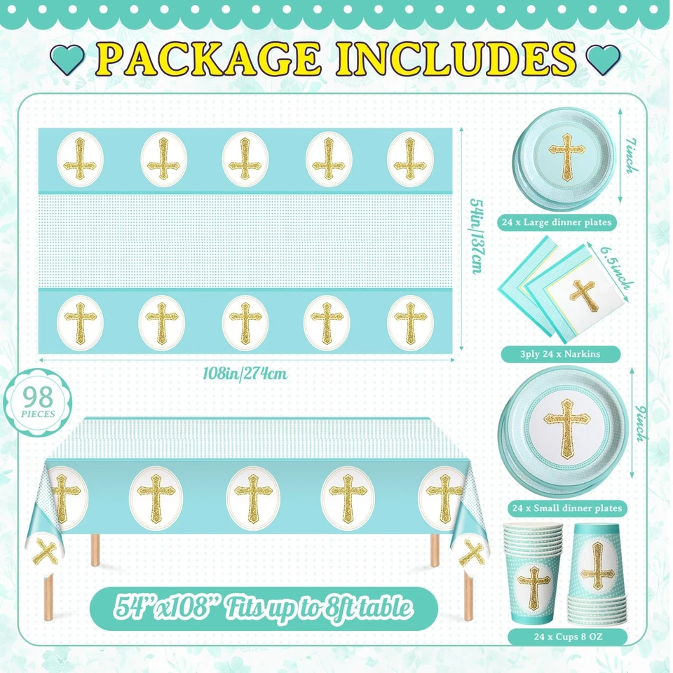 Suministros para fiestas de bautizo para niños, incluye juego de 24 platos azules servilletas y cruz... Foto 2 de 4