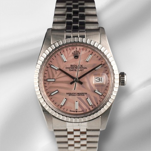 Rolex 36mm Datejust Steel Engine-Turned Jubilee Pink Palm Moti...