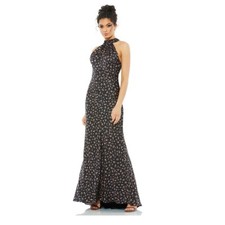 Mac Duggal Floral Tied Keyhole Halter Trumpet Gown, Black, Size 2