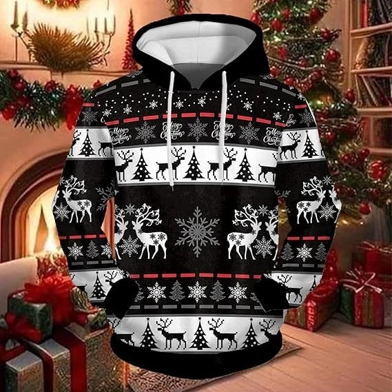 Black and White Christmas Hoodie 3D Reindeer Tree Snowflake Print Unisex