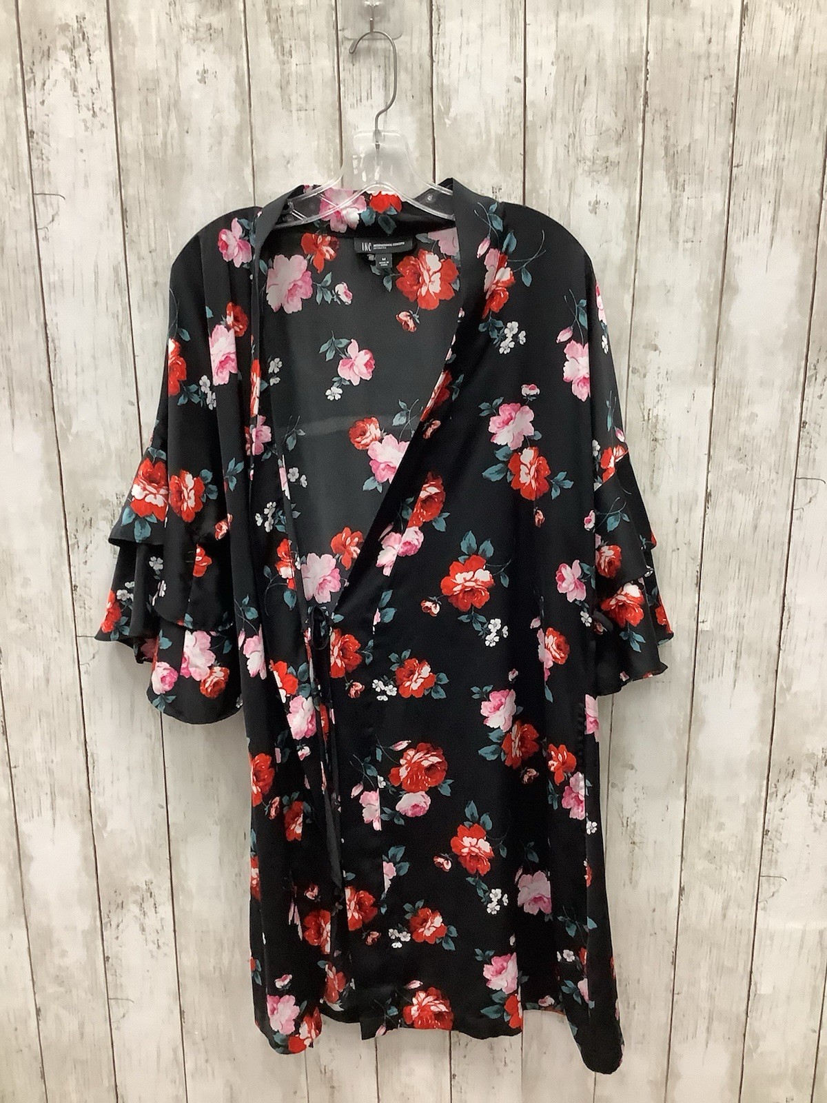 International Concepts Black Floral Satin Robe Medium