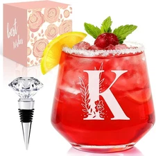 Physkoa Personalized Wine Glass for Women – Customized Initial A~Z K, Clear 