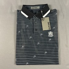 G/Fore G4 Golf Shirt Polo Chest Logo Script Print Striped Large Black MSRP 120