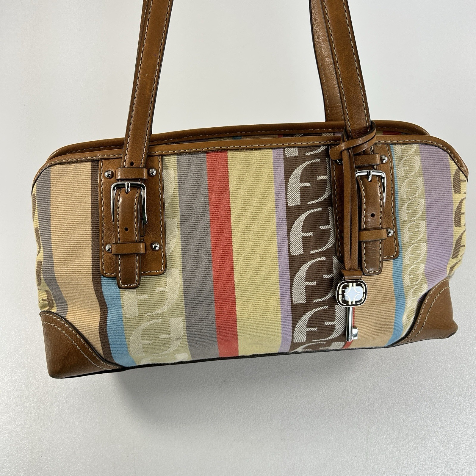 Fossil Elegant Striped Patchwork Shoulder Bag Pur… - image 5