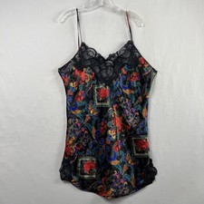 Victorias Secret Mini Slip Chemise Large Gold Label Satin Lace Gown Black floral