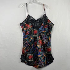 Victorias Secret Mini Slip Chemise Large Gold Label Satin Lace Gown Black floral