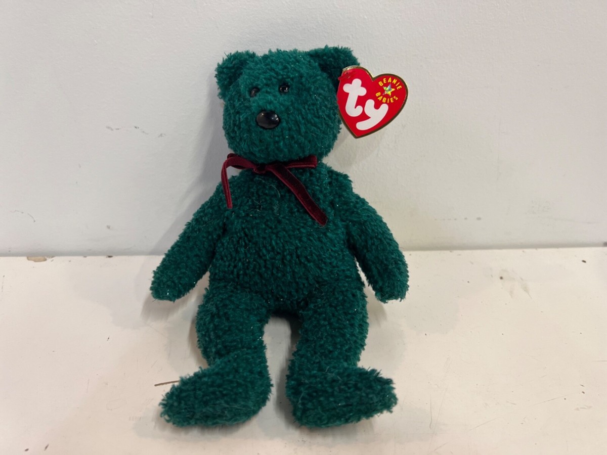 TY Beanie Baby 2001 Holiday Teddy Green Bear with Rare Tag Error