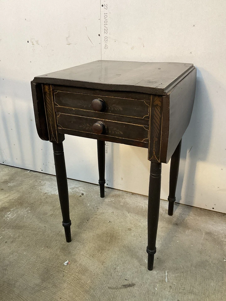 Antique Paint Decorated Sheraton Work Table Night Stand 2 Drawer Primitive Folk - Image 4 of 4