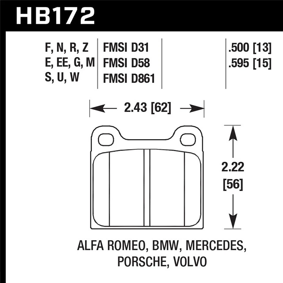 Pastillas de freno delanteras traseras Hawk HB172F.595 HPS para Porsche 911 1965-74 / 1975-85 300D Foto 2 de 4