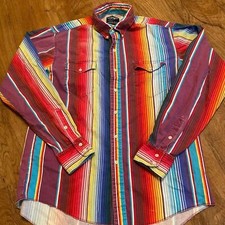 Vintage Wrangler Brushpopper X-Long Tails Long Sleeve Mens 16.5-36 Large Rainbow