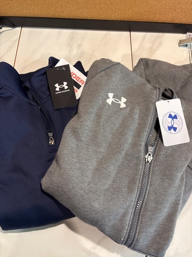 2pcs Set Under Armour Boys Gray Blue Rival Fleece Hoodie Zip Front Size YL NWT
