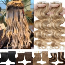 Wavy Tape In Real Remy Human Hair Extensions Thick Skin Weft Full Head 150G Ashy