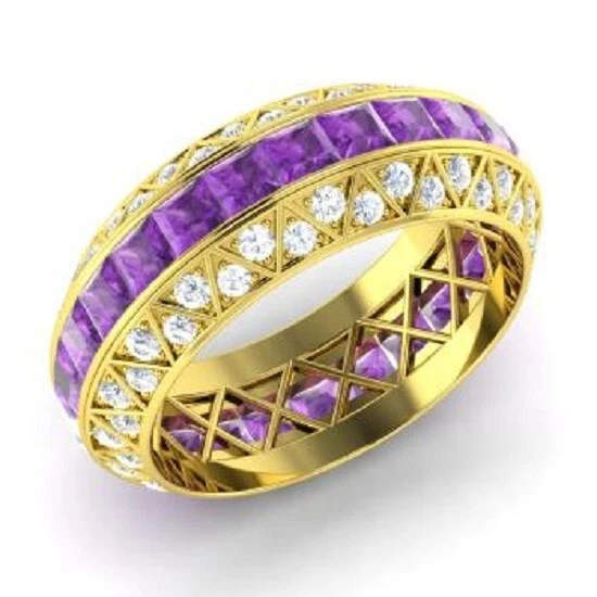 Натуральный аметист и бриллиант огранки принцессы 3,70 карата Eternity Band желтое золото 14 карат 6 - Изображение 2 из 4