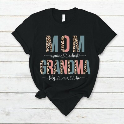 Personalized Grandma shirt Mom And Grandma with Grankids Leopard Pattern T-Shirt