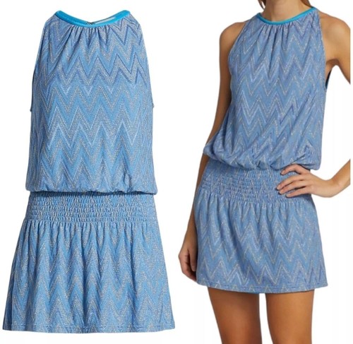 Neu mit Etikett Ramy Brook blau Chevron gesmoktes Minikleid Neckholder Größe L - Bild 5 von 10
